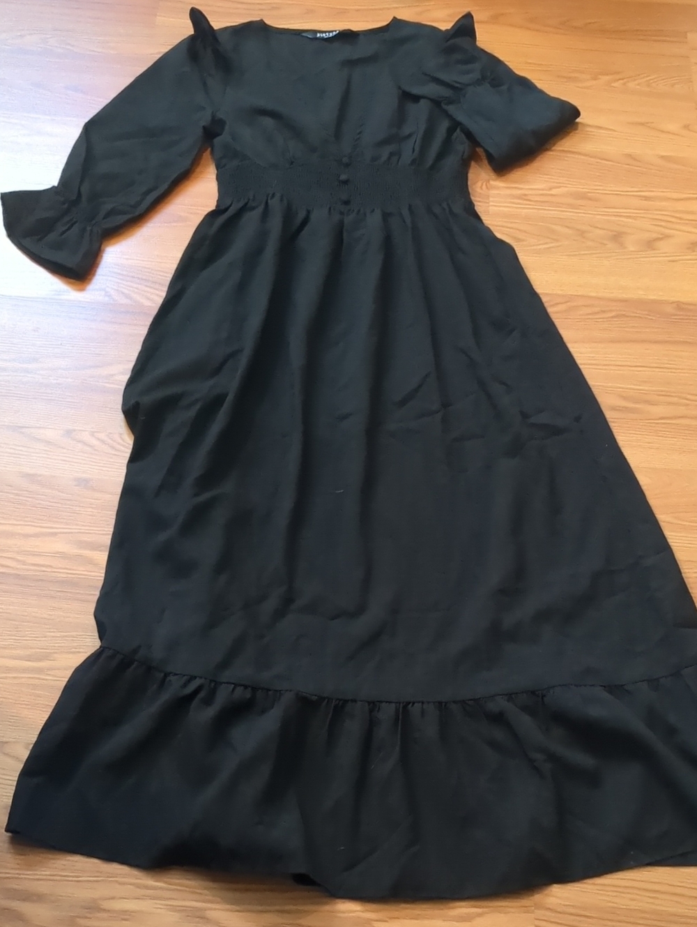 Disturbia Black Maxi Dress Smocked Elastic Waist Button V-Neck Ruffle 6